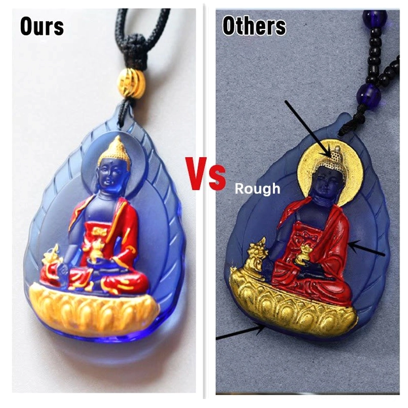 Blue Medicine Buddha Liuli crystal pendant with translucent sapphire glass and hand-gilded painted Buddha