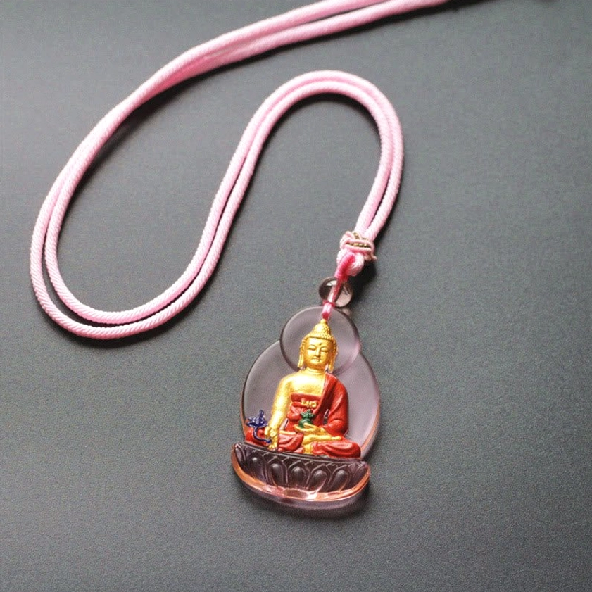 Royal blue Medicine Buddha Liuli crystal pendant with gilded halo on premium cord necklace