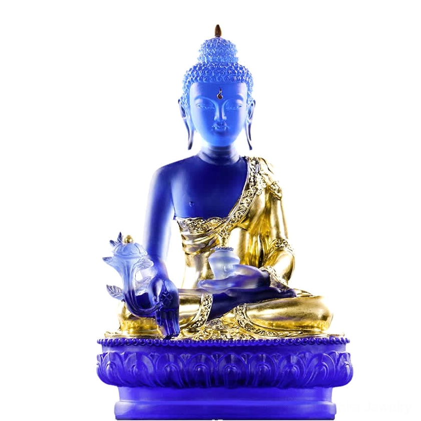 Medicine Buddha Liuli crystal statue alternative color option with different shade, front full view, handcrafted glass sculpture