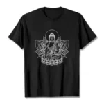Medicine Buddha lotus print t-shirt flat lay front view, black spiritual design on soft cotton