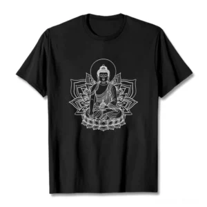 Medicine Buddha lotus print t-shirt flat lay front view, black spiritual design on soft cotton