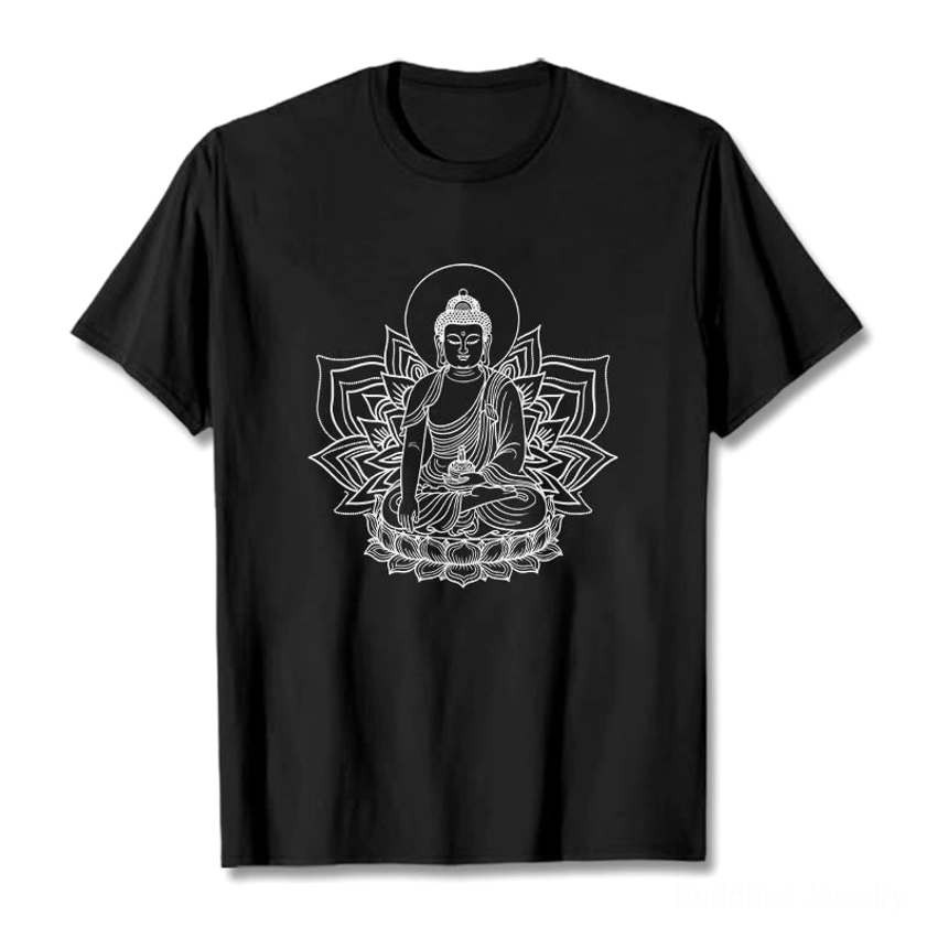 Medicine Buddha lotus print t-shirt flat lay front view, black spiritual design on soft cotton
