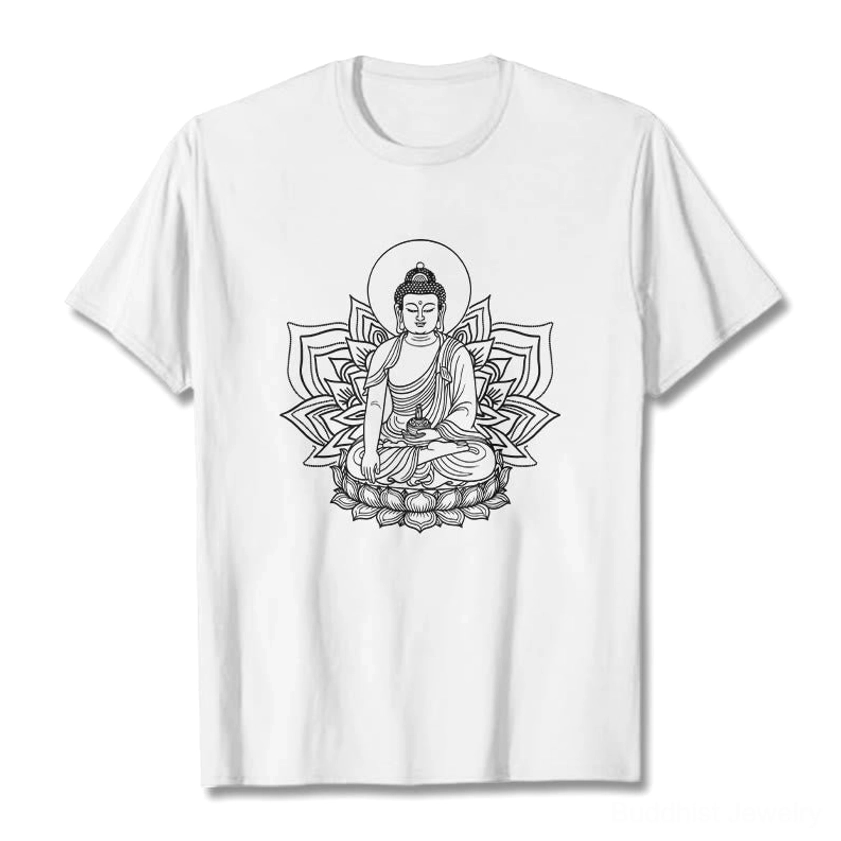 White Medicine Buddha lotus print t-shirt flat lay studio view, light colored cotton