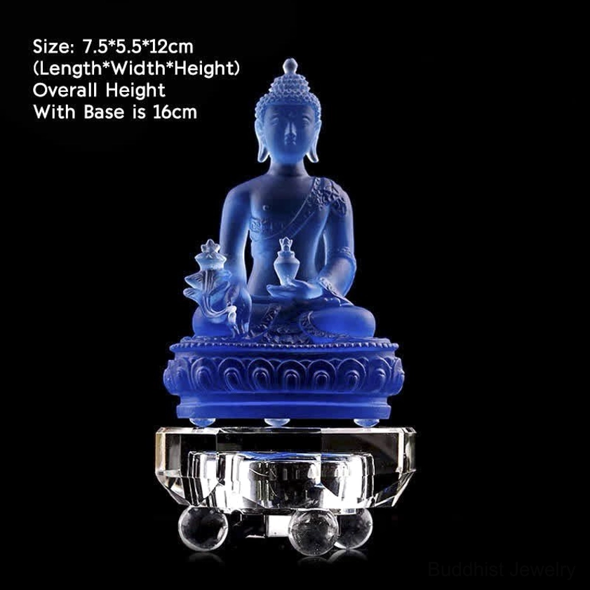 Small Medicine Buddha with luminous LED base 7.5x5.5x12cm, deep blue glass, glowing pedestal, spiritual home decoration