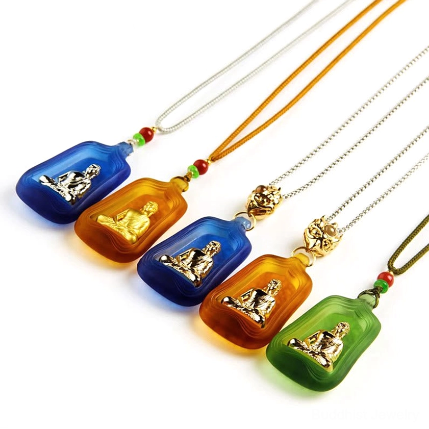 Medicine Buddha Liuli crystal pendants collection showcase multiple color options with various rope and chain styles