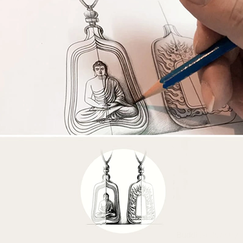 Medicine Buddha amulet pendant closeup showing intricate gold Buddha figure inside frosted glass and cord detail