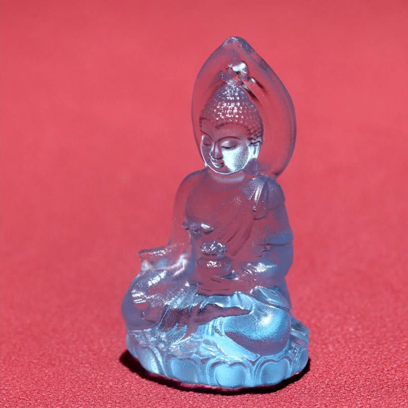 Medicine Buddha pendant three-quarter view highlighting carved robe details and ritual bowl on bright red background