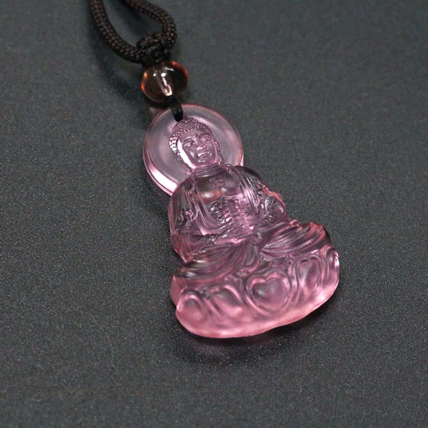 Pink Liuli crystal Medicine Buddha necklace pendant with soft translucent rose glass, seated Buddha with halo, handcrafted healing jewelry