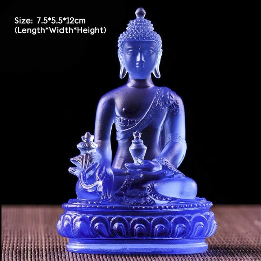 Small Medicine Buddha handmade Liuli glass statue 7.5x5.5x12cm front full view deep blue with gilded details