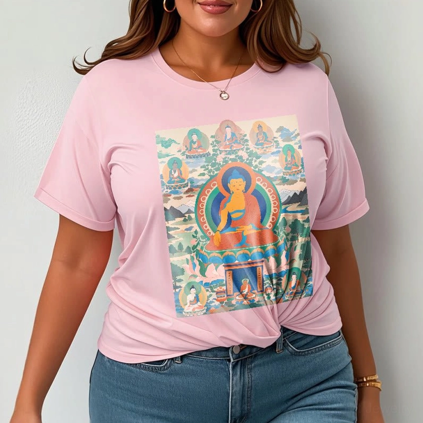 Medicine Buddha thangka t-shirt vibrant Buddhist artwork spiritual practice wear