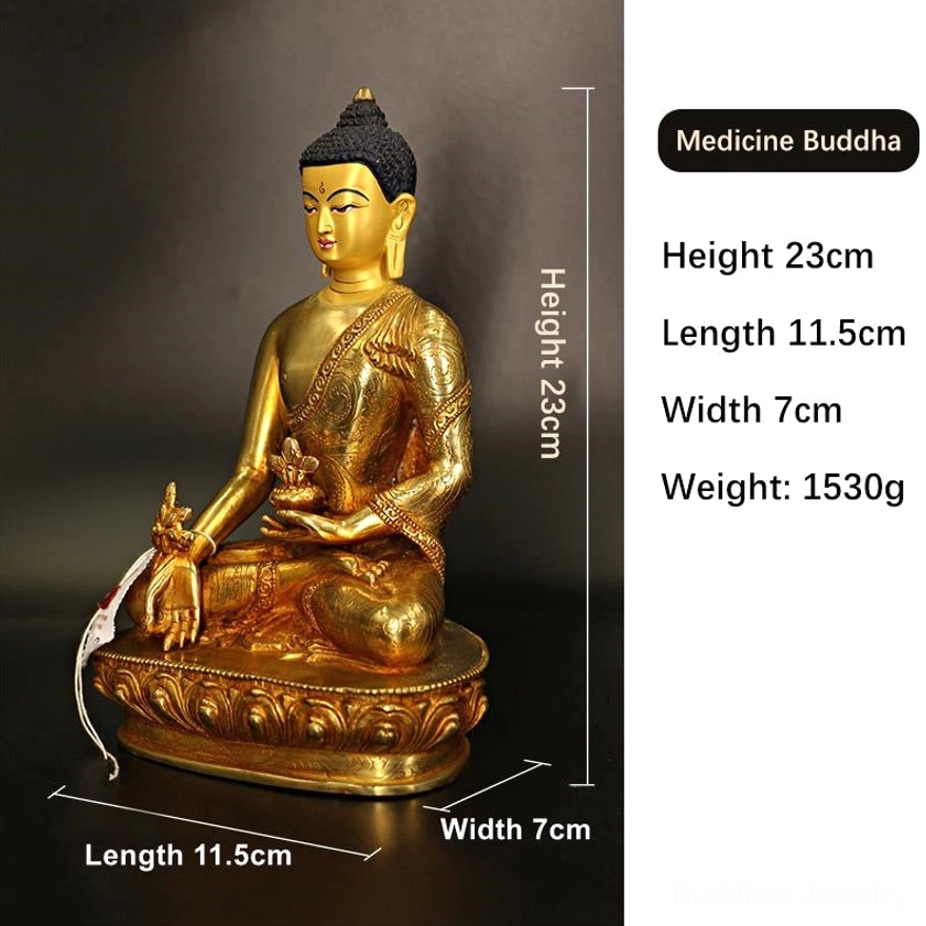 Medicine Buddha statue with size dimensions (23cm height), left three-quarter view showing gilt bronze craftsmanship