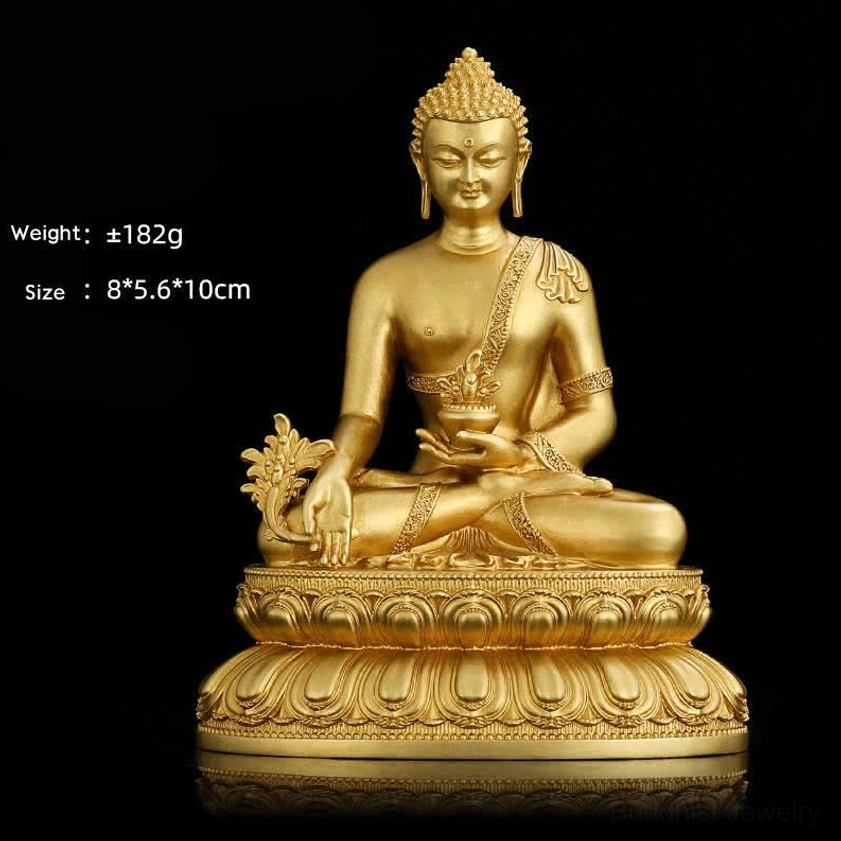 Medicine Buddha hand-cast copper statue holding healing bowl with medicinal herb and lotus pedestal
