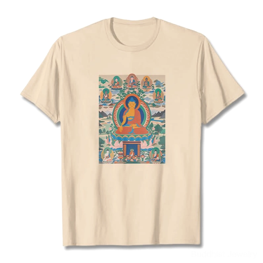 Medicine Buddha thangka t-shirt premium cotton texture and printing quality close-up