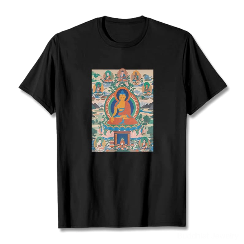 Medicine Buddha thangka black cotton t-shirt flat lay with sacred Buddhist healing design
