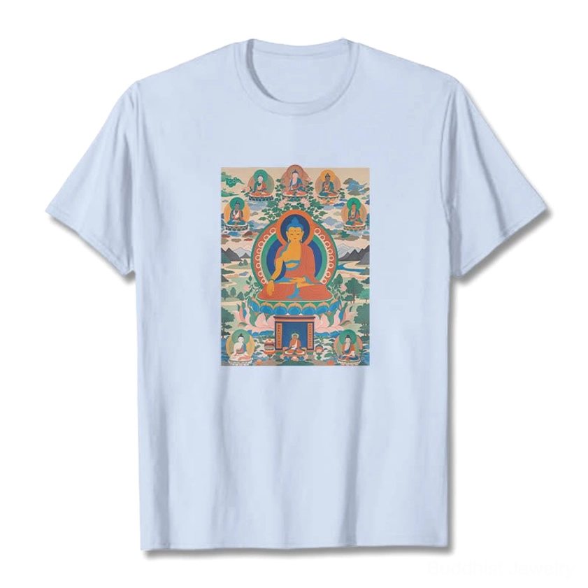 Medicine Buddha Bhaisajyaguru thangka spiritual healing t-shirt size and fit detail view