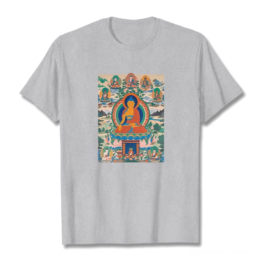 Medicine Buddha thangka light grey cotton t-shirt flat lay with spiritual Buddhist artwork