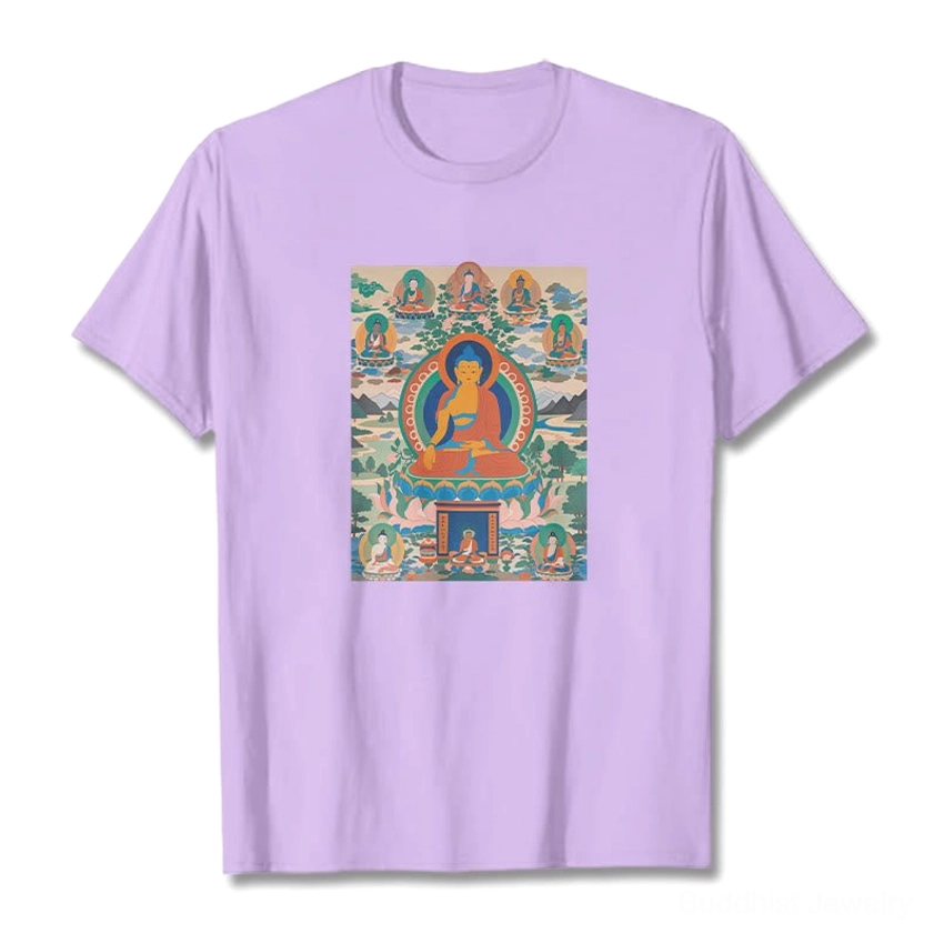 Medicine Buddha thangka plum purple cotton t-shirt flat lay spiritual design