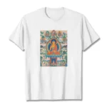 Medicine Buddha thangka white cotton t-shirt flat lay front view with detailed spiritual artwork