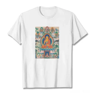 Medicine Buddha thangka white cotton t-shirt flat lay front view with detailed spiritual artwork