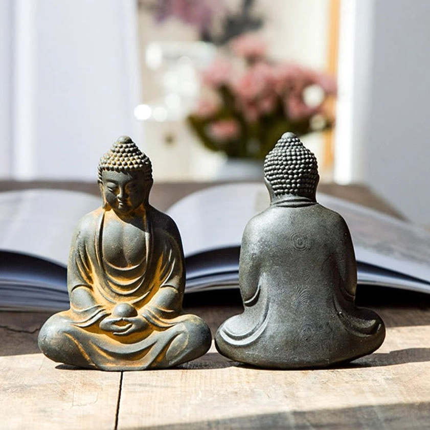 Meditating Buddha statue front and back views showing full design and craftsmanship detail