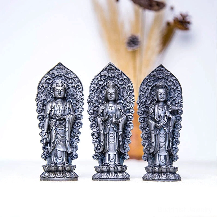 Meditation altar display featuring Amitabha Buddha trinity statue as centerpiece for spiritual practice and inner peace cultivation space