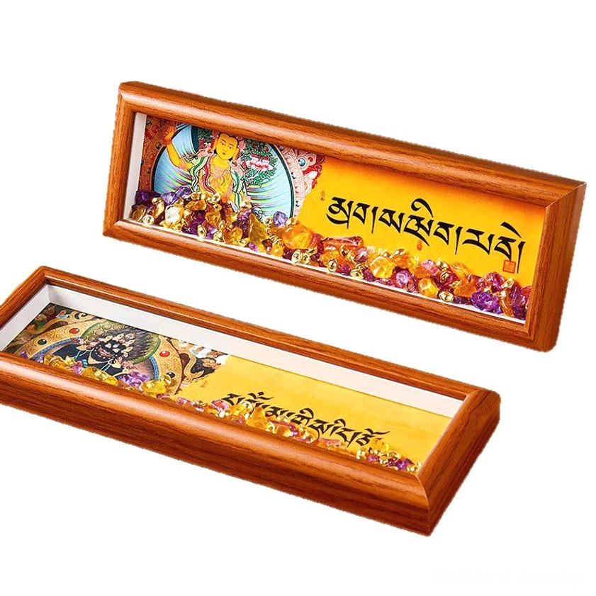 Meditation altar Buddhist thangka photo frame with crystal gemstones spiritual sanctuary decor