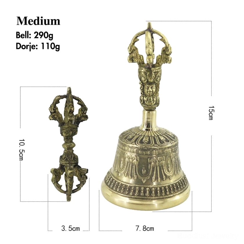 Multiple handmade meditation bell and vajra dorje sets arranged in flat lay showing antique brass finish and intricate carved details