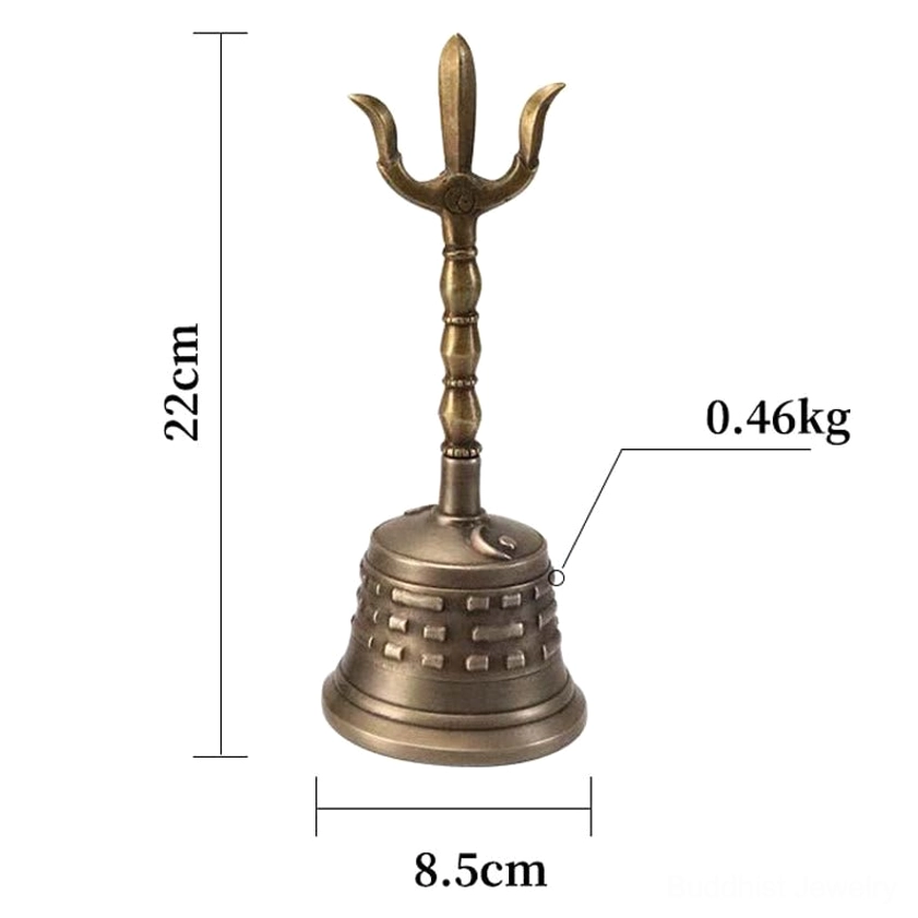 Meditation bell size specifications: 22cm height, 8.5cm diameter, 460g weight, copper material measurement reference