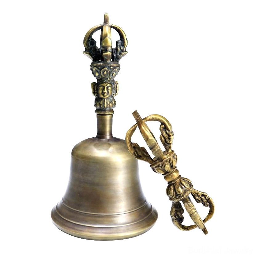 Side profile view of complete meditation bell and vajra dorje set showing both ritual instruments together
