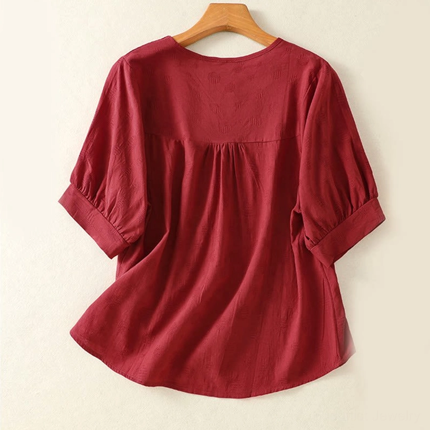 Brown meditation blouse back view on hanger - spiritual practice clothing with gathered yoke design