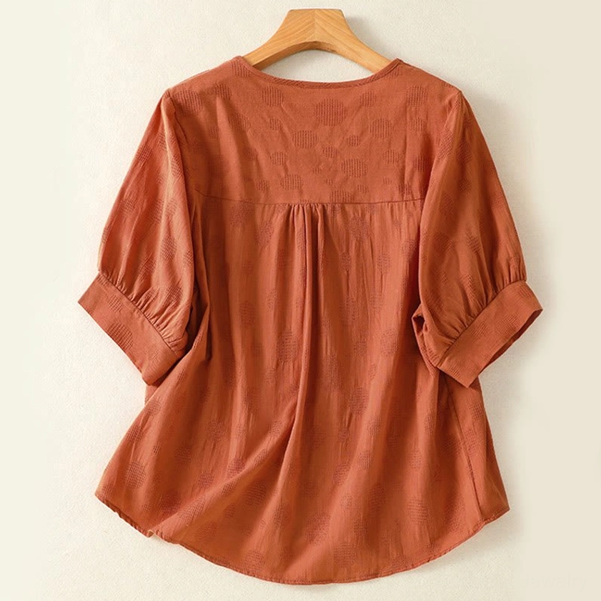 Chocolate brown meditation blouse back view - spiritual practice clothing with gathered yoke design