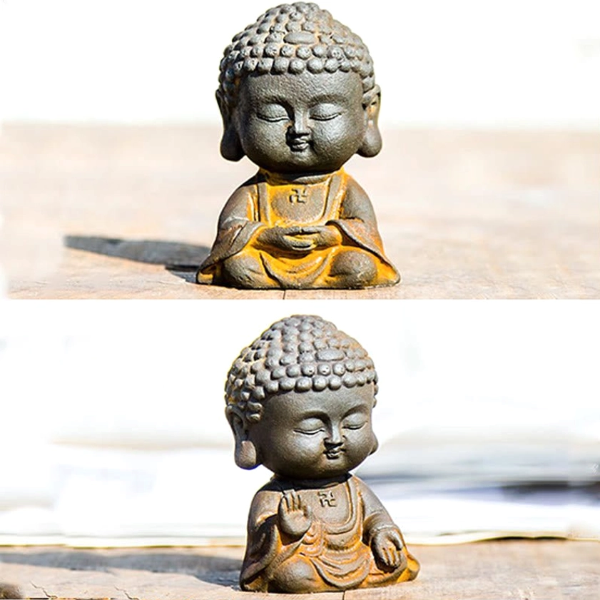 Buddhist Buddha statue showing swastika chest symbol and detailed front facial features in iron powder resin material