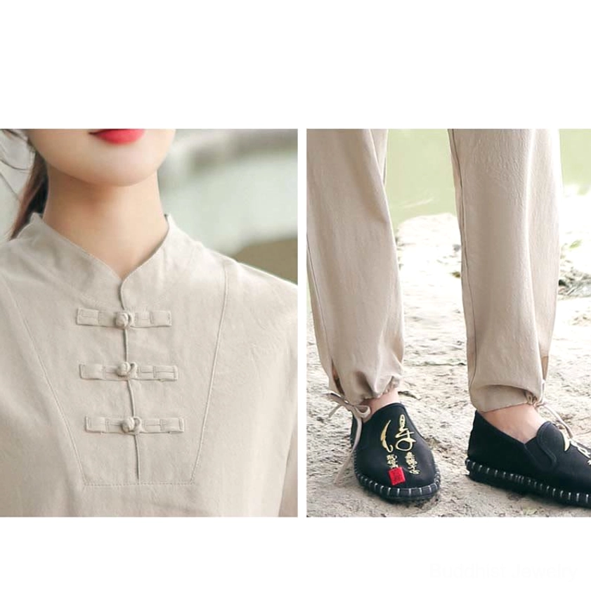 Close-up detail shots of stand collar frog button closure and loose-fit cropped pants with embroidered shoes