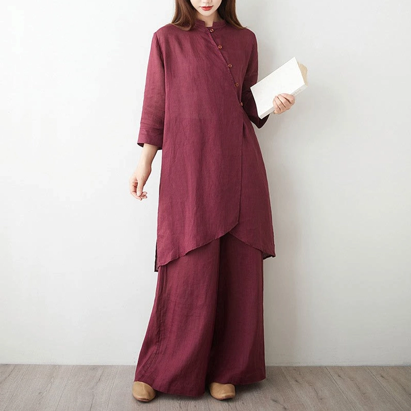 Burgundy tai chi uniform full front view showing three-quarter sleeve tunic and relaxed fit