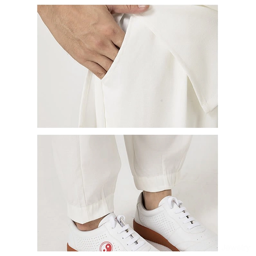 Detail shot of meditation clothing side slit tunic design and loose trousers, tai chi practice attire