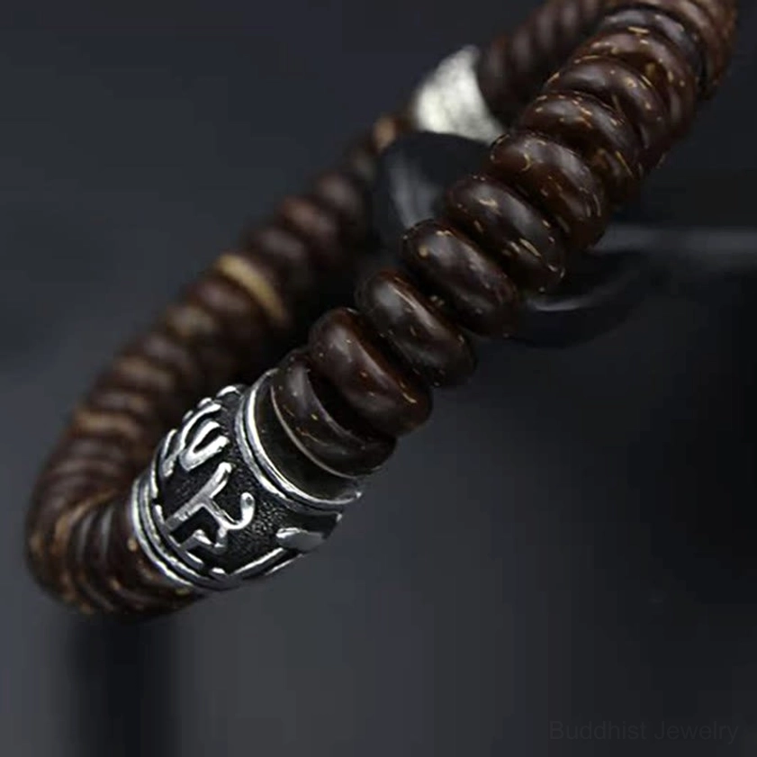 Buddhist meditation bracelet with coconut shell beads and Om Mani Padme Hum Sanskrit engraving for mindfulness