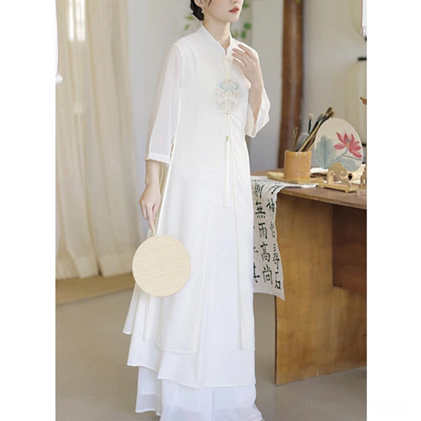 Embroidered chiffon meditation dress standing collar and neckline detail with decorative embroidery accent
