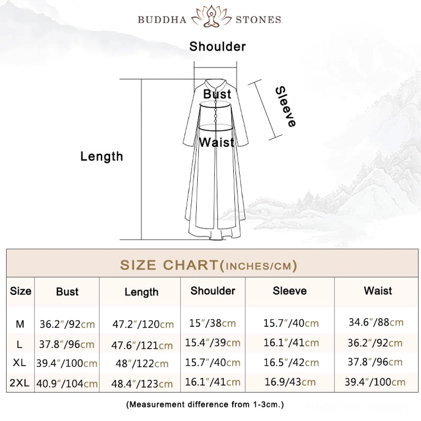 Embroidered chiffon meditation dress size chart showing bust, waist, sleeve length, shoulder and total length measurements for sizes M, L, XL, 2XL