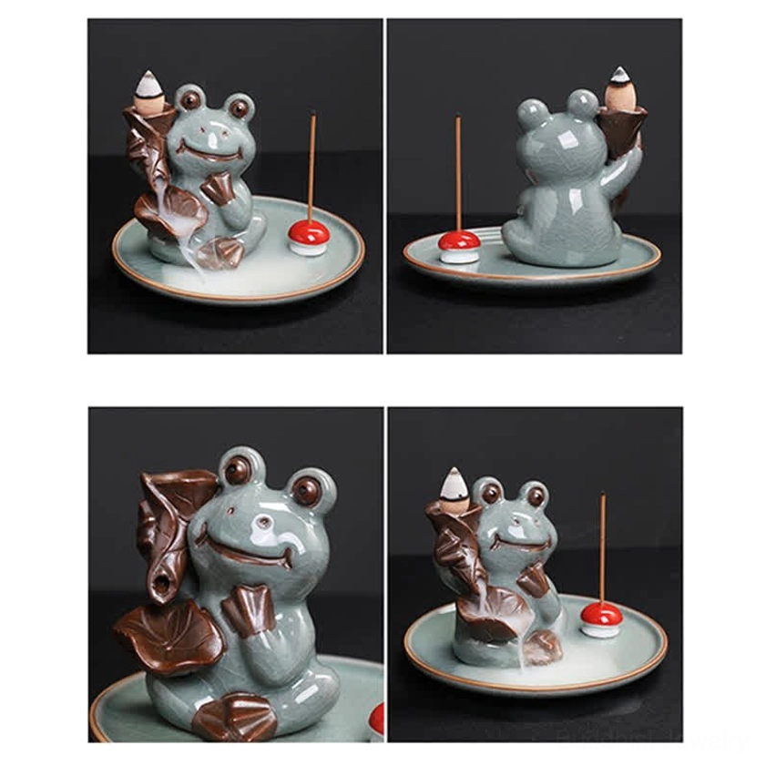 Meditation frog incense holder in natural celadon ceramic showcasing traditional pottery techniques and spiritual Buddhist design aesthetic