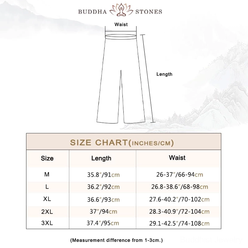 Pants size specification chart for meditation linen wide-leg pants showing waist and length measurements for all sizes M to 3XL with US UK EU conversion