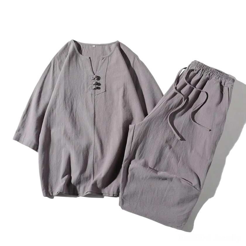 Silver meditation linen set detail shots - quality craftsmanship and fabric