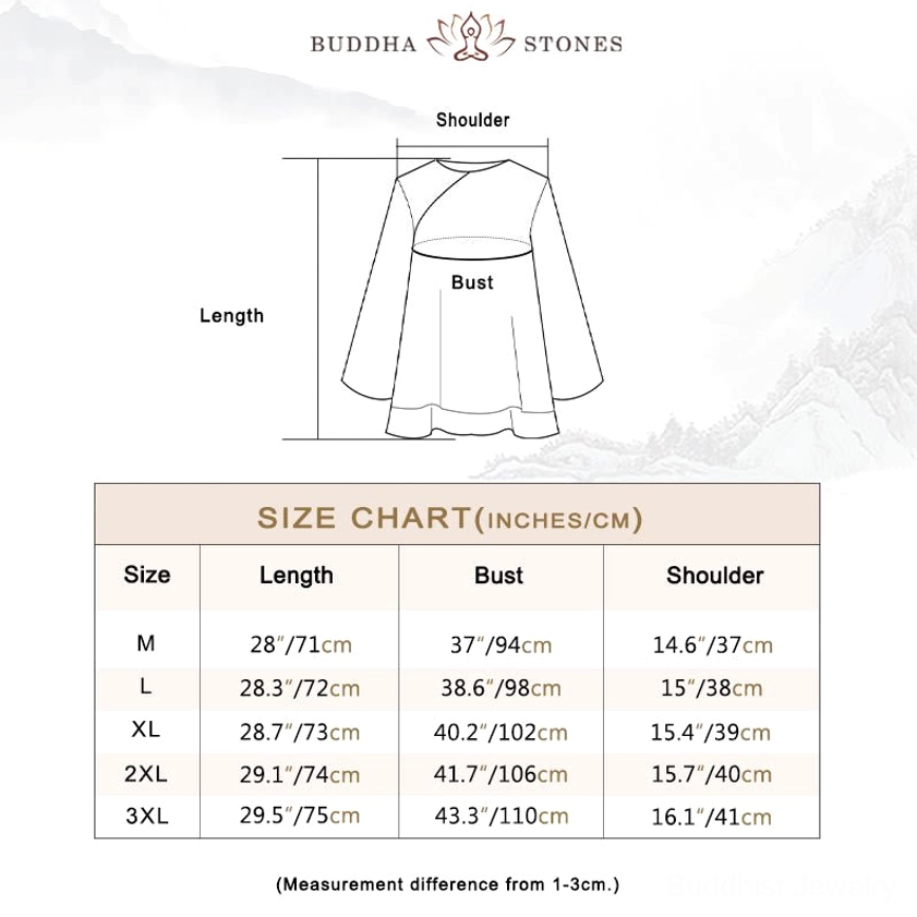Size measurement chart for meditation cotton linen top showing shoulder width, bust, length specifications for sizes M to 3XL in inches and centimeters
