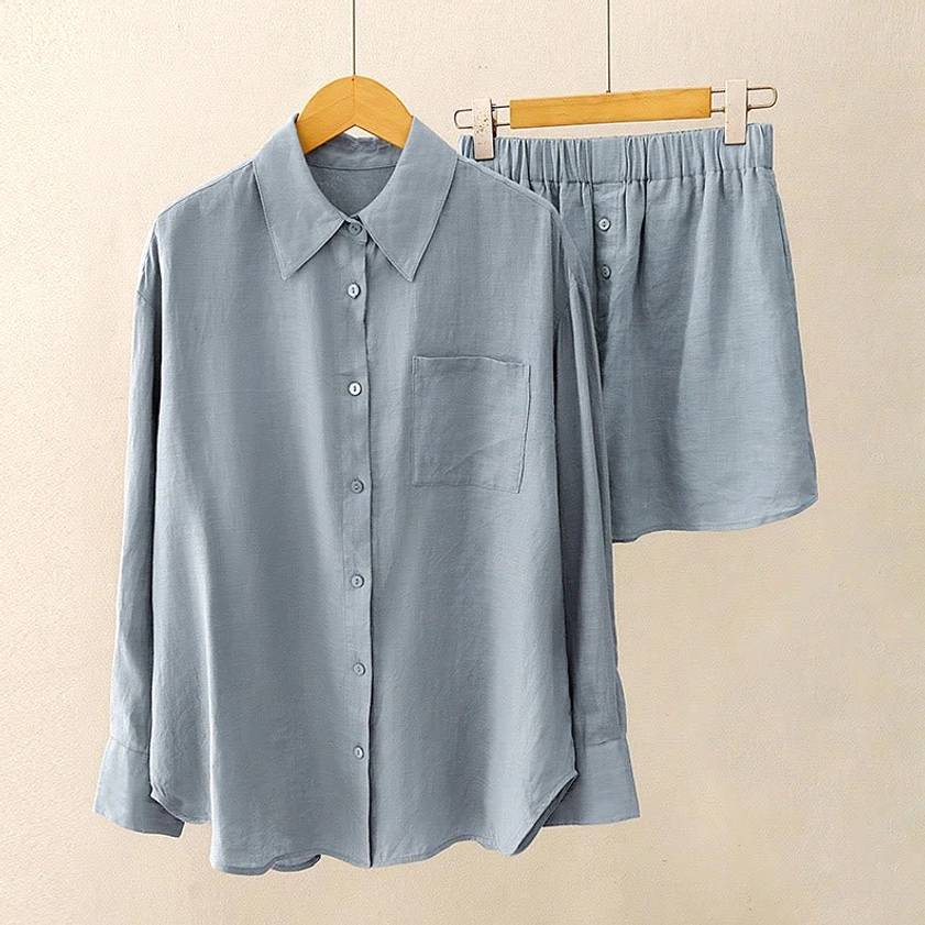 Meditation lounge set detail showing shirt construction quality, seams, and fabric breathability for yoga wear