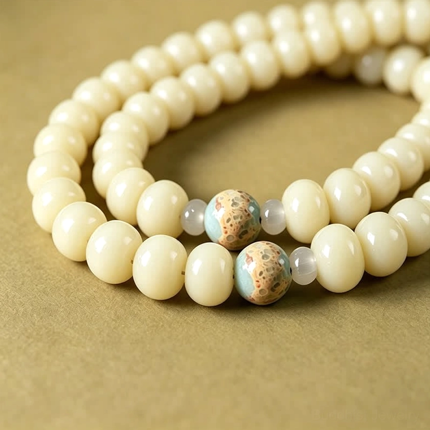 108 meditation mala beads in white bodhi seed with guru bead and carved Tara Bodhisattva pendant
