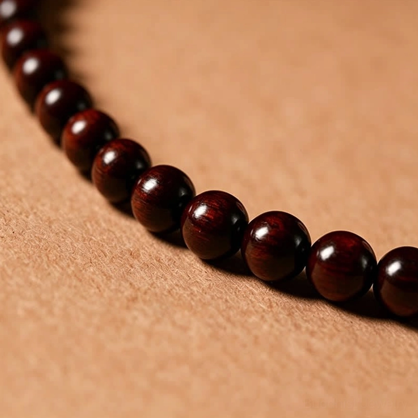 Complete red rosewood 108 bead meditation mala with red peace buckle and decorative tassel, ready for daily spiritual practice and prayer