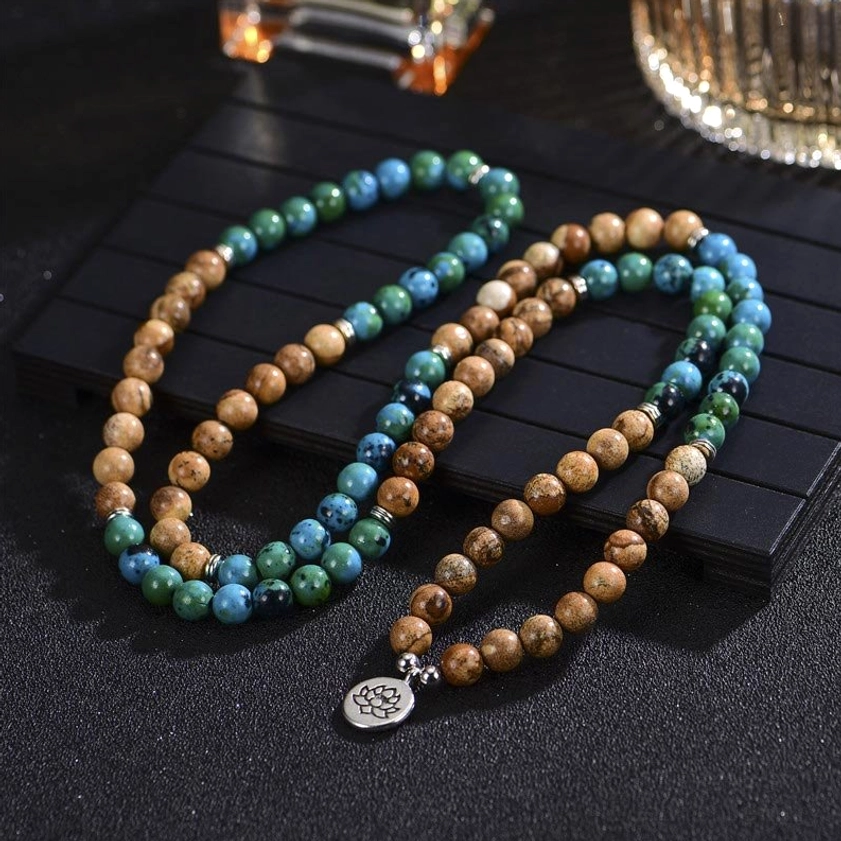 Handmade Buddhist Prayer Mala with Double-Strand Bodhi Seeds and Picture Jasper Beads, Silver Lotus Pendant Detail