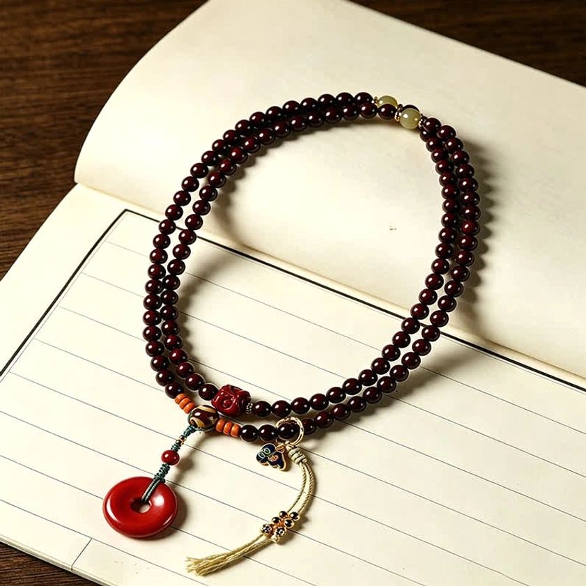 Hand-woven 108 bead meditation mala necklace with red peace buckle pendant on lined notebook, featuring dark red beads, metal fasteners, and fabric tassel accents