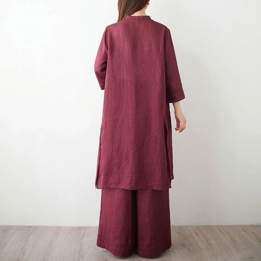 Burgundy meditation clothing set back view showing full silhouette and drape