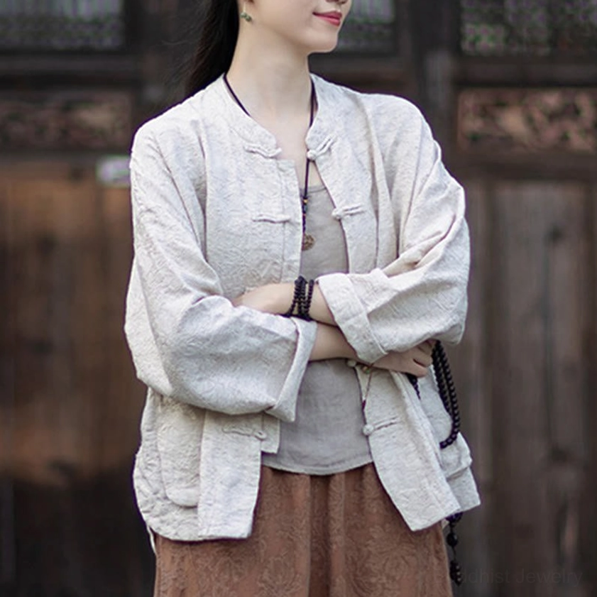 Side view of meditation pants showing ankle length and soft cotton-linen fabric drape