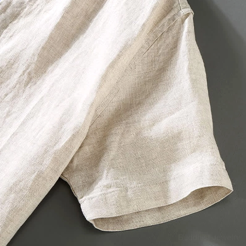 Side view of relaxed fit straight-leg linen meditation pants with drawstring waist